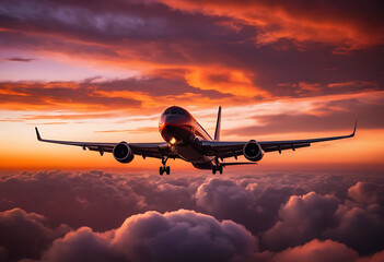 Obraz premium Majestic Airplane Landing Above Colorful Sunset Clouds