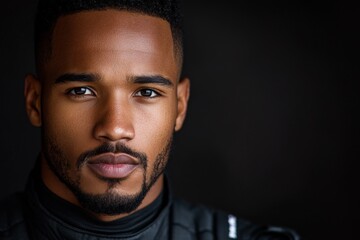 Obraz premium Portrait of a confident man in a black racing suit against a dark background showcasing determination and focus