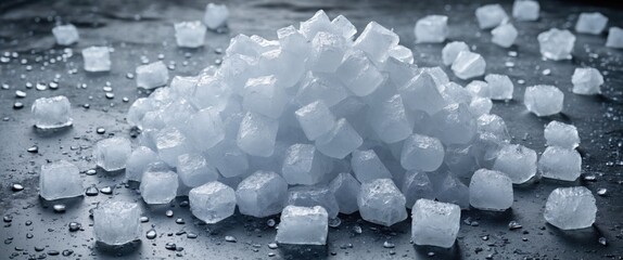 Dry ice pellets on a wet surface with moisture droplets and ample empty space for text or advertising purposes.