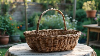 Woven Basket on Table in Garden with Natural Background and Empty Space for Text or Graphics