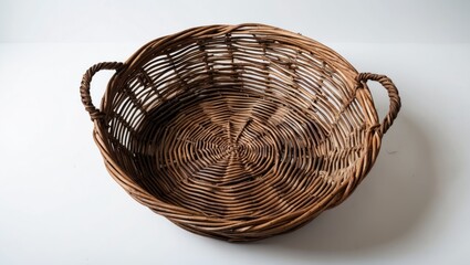 Fototapeta premium Woven wicker basket with handles on a neutral white background ideal for displaying fruits or decorative items.