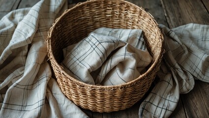 Obraz premium Natural Straw Basket Filled with Soft Checkered Linen on Rustic Wooden Surface