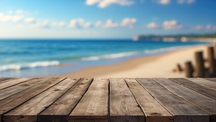 Fototapeta premium Wood Table Surface with Blurred Summer Beach Background Featuring Blue Sea and Sky Ideal for Promotional or Vacation Content