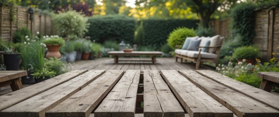 Serene Wooden Deck Table Overlooking Lush Garden with Seating Area and Vibrant Greenery in Soft Natural Lighting