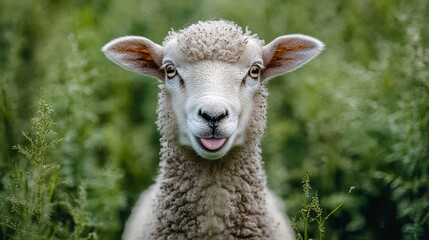 Naklejka premium Sheep playfully sticking out its tongue, a moment of lighthearted charm.