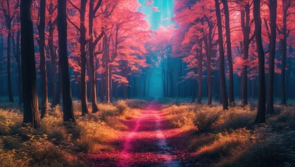 Vibrant autumn forest path with colorful foliage and misty atmosphere featuring ample empty space for text or overlay graphics