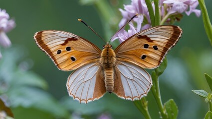 Obraz premium Erebia Niphonica Butterfly perched on flowers showcasing intricate wing patterns and colors in a natural setting.