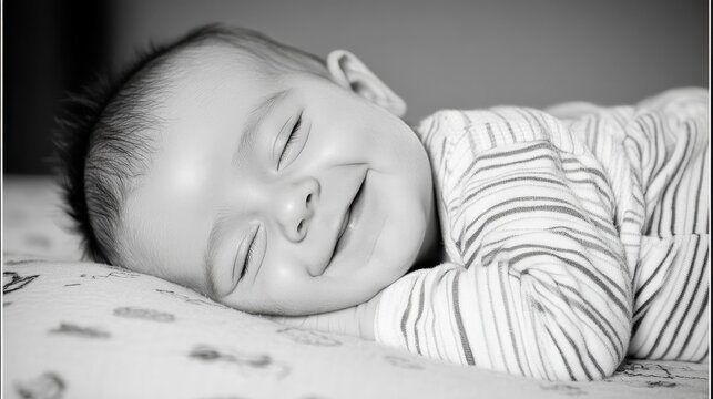 Happy Baby Smiling While Laying on Soft Bed with Striped Pajamas