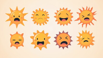 A colorful array of cheerful cartoon suns displaying various emotions including happiness, sadness, and surprise, set against a light background.