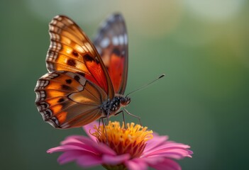 Fototapeta premium Vibrant butterfly perched on a pink flower with green background