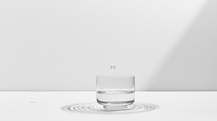 A minimalist shot of a clear glass filled with water, with a single droplet falling into it, creating ripples on the surface.