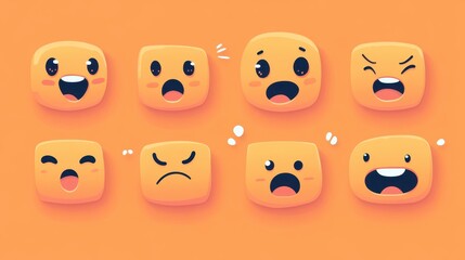 A colorful array of cute, cartoon-like emojis showcasing a variety of emotions with a vibrant orange background, perfect for expressing feelings.