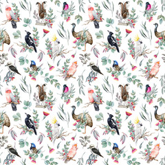 Fototapeta premium Australian birds watercolor illustration seamless pattern. Hand drawn cockatoo, kookaburra, magpie with eucalyptus branches, flowers decor on white background. Perfect for textiles and decoration