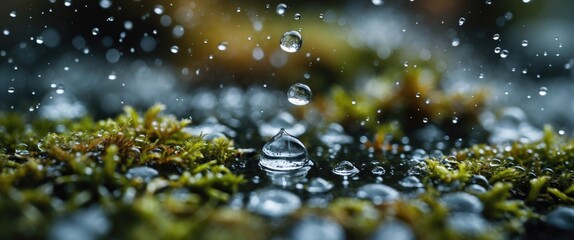 Close-Up of Water Droplets on Lush Green Moss with Shallow Focus Creating a Serene Nature Background Essence