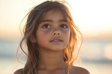Young girl gazes thoughtfully towards the horizon during sunset at the beach
