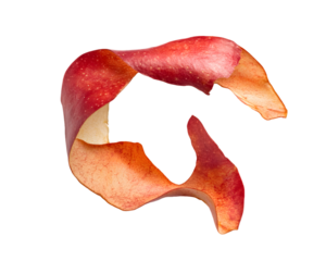 Red apple peel in a swirling, dynamic shape against a transparent background. The peel is thin, translucent, and shows variations in color and texture, PNG