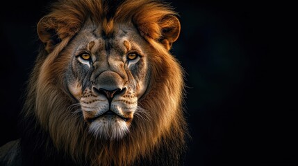 Fototapeta premium A majestic male lion with a thick, golden mane gazes intently ahead, exuding strength and confidence against a dark background.