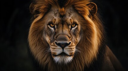 Fototapeta premium Close-up of a majestic lion with a flowing mane and piercing eyes, exuding power and grace in a dramatic light.