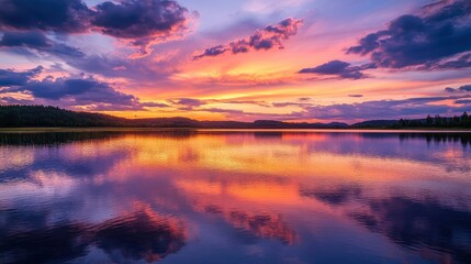 Fototapeta premium Stunning sunset over a serene lake, showcasing vibrant hues of purple, orange, and pink reflecting on the water's surface.