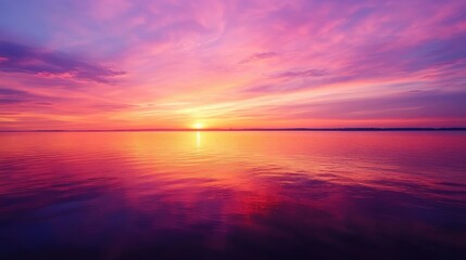 Obraz premium A breathtaking sunset reflected on the calm waters, showcasing a vibrant palette of pinks, purples, and golds.