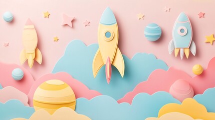 Paper cut style border with rockets, planets, and copy space in pastel colors, perfect for a children's card design with a playful space theme.