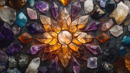 various healing crystals like amethyst, rose quartz, and citrine arranged in a sacred geometric pattern, radiating positive energy