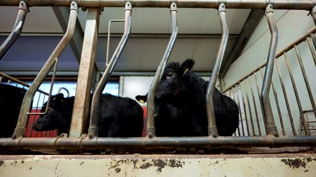 Angus beef cattle herd, metal dividing feeding management system