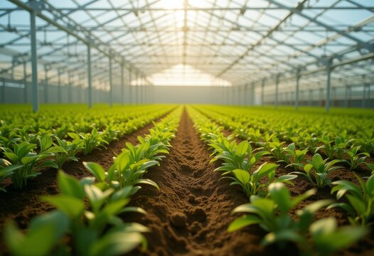 Vast greenhouse filled with rows of young plants under natural light