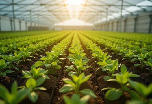 Vast greenhouse filled with rows of young plants under natural light