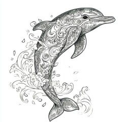 Fototapeta premium Ornate Leaping Dolphin with Floral Design - Black and White Line Art