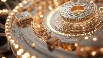 A close-up view of intricate golden circuit patterns interwoven with glowing lights, conveying a sense of advanced technology and innovation.