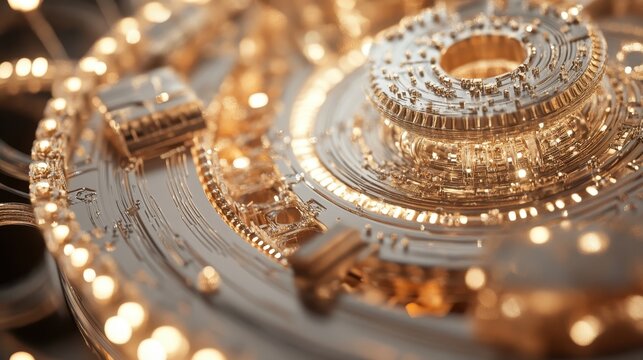 A close-up view of intricate golden circuit patterns interwoven with glowing lights, conveying a sense of advanced technology and innovation.