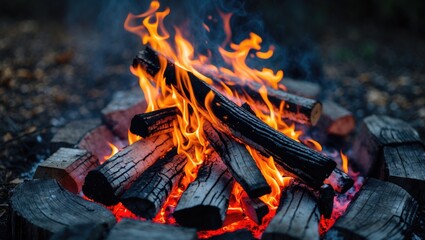 Wooden logs burning in a vibrant campfire surrounded by stones with a blurred background ideal for nature-themed designs or text.