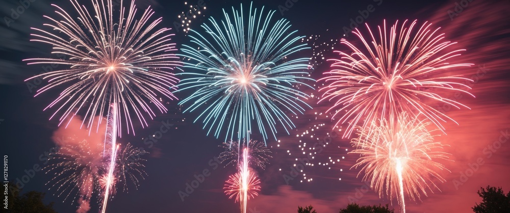 Poster vibrant fireworks display with long exposure technique capturing brilliant colors and patterns in ni