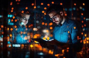 Young Male Designer Working at Night with Reflection in Office Window