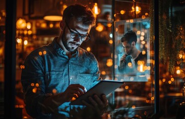 Obraz premium Young Male Designer Working at Night with Reflection in Office Window
