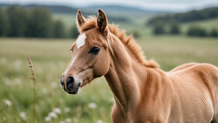 Obraz premium Close Up of Charming Flaxen Foal in a Lush Meadow Surrounded by Nature and Soft Light