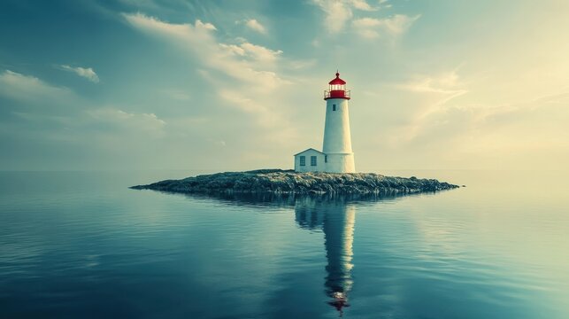 A serene coastal view featuring a white lighthouse with a red top, standing on a rocky island against a calm sea and a blue sky. - Powered by Adobe