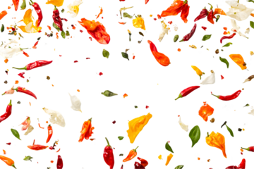 Vibrant red, orange, and yellow chili peppers and flower petals falling on a black background.  Transparent background, PNG