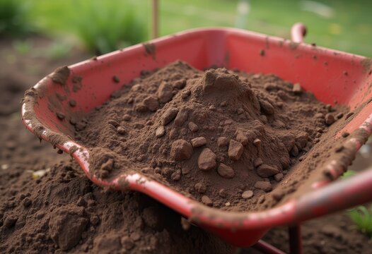 Red wheelbarrow filled with soil in a garden