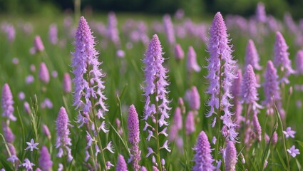 Obraz premium Flowering Purple Loosestrife Stalks in Meadow with Vibrant Pink Blooms and Lush Green Background Ideal for Nature and Floral Themes.
