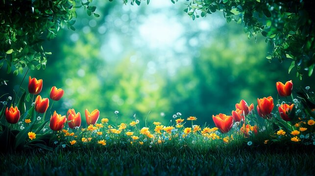 Springtime blooms create a vibrant welcome for community gatherings and celebrations, springtime banner photograph, spring season flowers advertising image