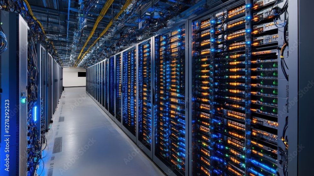 Poster a cloud computing facility where engineers manage vast networks of virtual servers and ai-driven aut