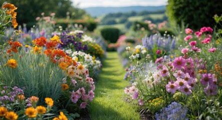 Obraz premium Vibrant Flower Garden Pathway Surrounded by Lush Greenery and Scenic Hills in a Serene Landscape