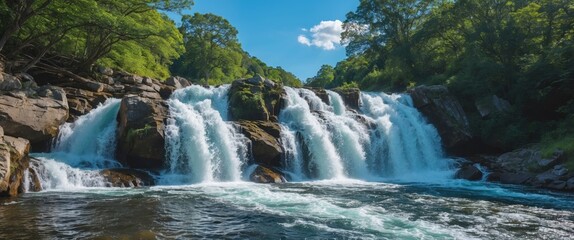 Obraz premium Beautiful Cascading Waterfall Surrounded By Lush Greenery Under Clear Blue Sky With Turbulent Rapids And Space For Text In Landscape Format