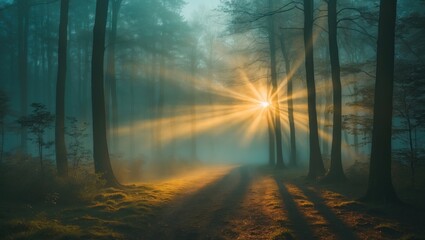 Obraz premium Misty Forest Sunrise Capturing Sun Rays Through Trees Creating Soft Shadows and Ethereal Atmosphere in a Serene Natural Landscape