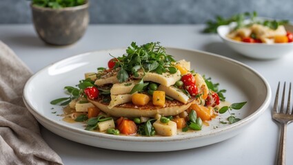 Gourmet Dish on a White Plate with Colorful Vegetables and Herbs Featuring Copy Space for Text or Branding