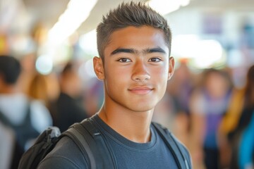 Fototapeta premium High school student smiles confidently while surrounded by peers in a busy hallway during midday at school