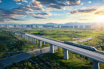 Futuristic Asian landscape beyond towering skyscrapers. High-speed train glides along the rails