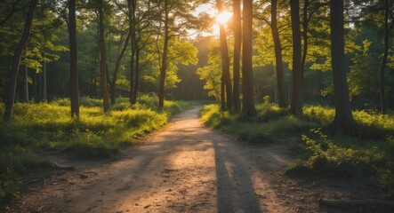 Obraz premium Serene Forest Pathway Bathed in Morning Sunlight Inviting Nature Exploration Through Lush Green Trees and Tranquil Landscapes